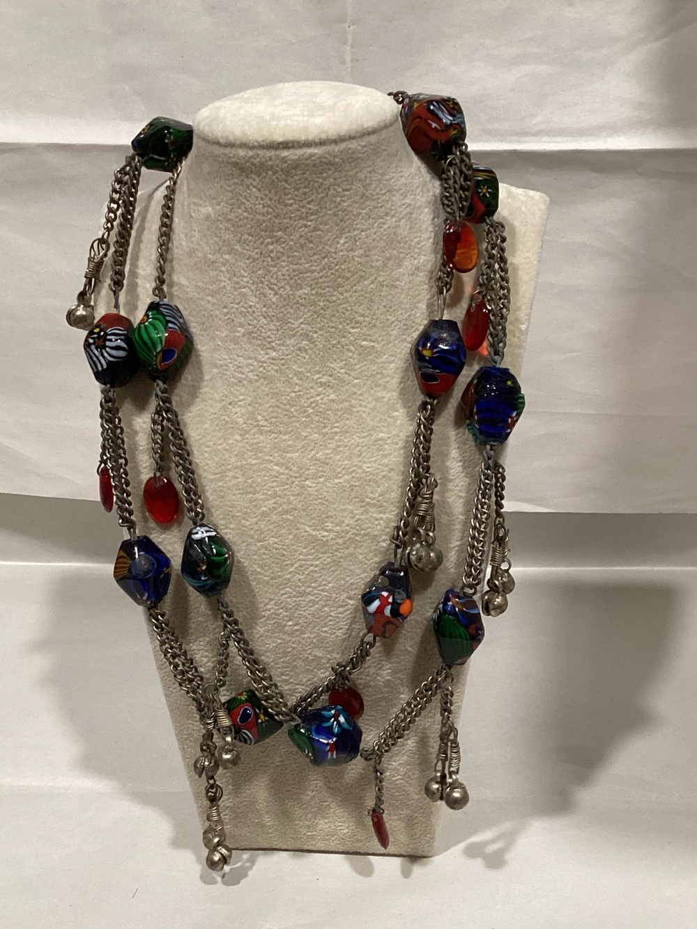 Multi-Strand Glass Bead Necklace in Blue, Green, Red - Unbranded